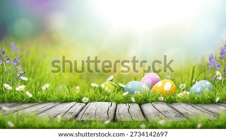 Five painted easter eggs celebrating a Happy Easter on a spring day with a green grass meadow, bright sunlight spring coloured background with copy space and a wooden bench to display products.