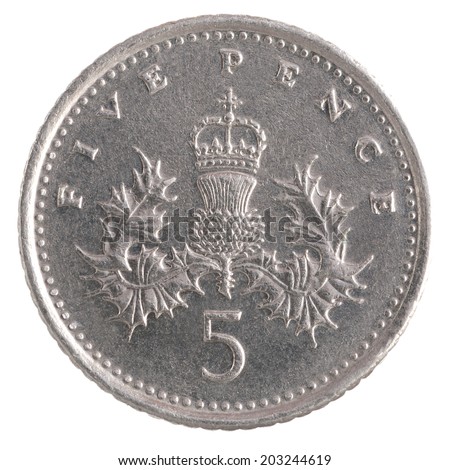 Five Pence coin isolated over a white background