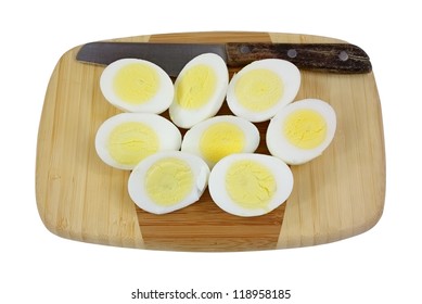 Five pickled eggs cut in half for stuffing.