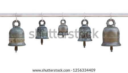 five piece old bell isolated on white background with clipping path, thai style in temple