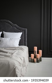 Five Pink Long Candles With Concrete On A Dark Background In Bedroom