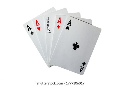Five playing cards, four aces and a black joker on a white background - Shutterstock ID 1799106019