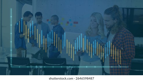 Five professionals reviewing printed sheets in conference room, with sticky notes and graph overlay. Collaboration, teamwork, analysis, innovation, modernoffice, data-driven, brainstorming - Powered by Shutterstock - Get 15% off with code: PIKWIZARD15