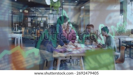 Five professionals in suits collaborating around table in office, with documents and sticky notes. Collaboration, teamwork, modernoffice, financialanalysis, brainstorming, businessmeeting, strategy