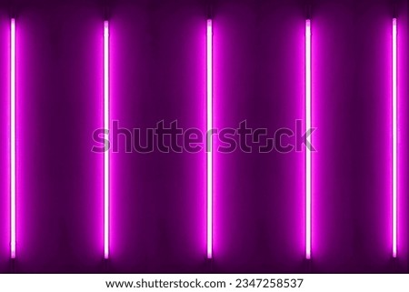 Five purple neon bulbs on white wall.