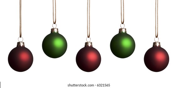 five red and green christmas ornaments hanging isolated on a white background - Red White Green Christmas Decor five red and green christmas ornaments hanging isolated on a white background - Red White Green Christmas Decor
