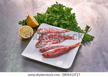 Five red mullet fish on a white plate with parsley and lemon