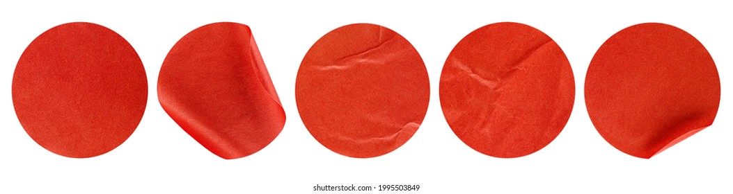 five red round stickers on white isolated background