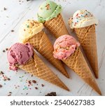 Five scoops of ice creams with cone on white background