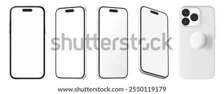 Five smartphone mockups, front and back views. Sleek smartphone design, showcasing different angles. Ideal for smartphone design presentations and mockups. Digital device elements isolated on white.