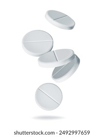 Five soluble tablets isolated on a white background. Effervescent multivitamin pills close-up