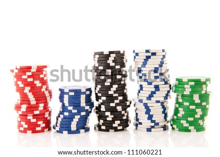 Five stacks colorful poker chips isolated over white background