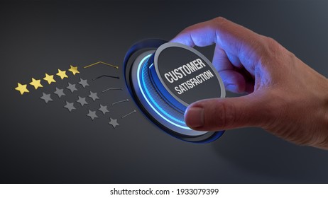 Five star customer satisfaction rating review praising excellent reputation and quality of service or product. Concept with manager hand turning knob to select highest performance evaluation ranking - Shutterstock ID 1933079399