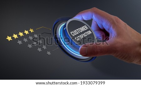 Five star customer satisfaction rating review praising excellent reputation and quality of service or product. Concept with manager hand turning knob to select highest performance evaluation ranking