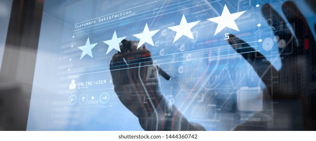 Five Stars (5) Rating With A Businessman Is Touching Virtual Computer Screen.For Positive Customer Feedback And Review With Excellent Performance.