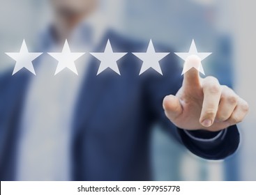 Five Stars (5) Rating With A Businessman Touching Screen, Concept About Positive Customer Feedback And Review, Excellent Performance