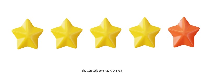 Five stars in row. Glossy yellow and  red colors. Customer rating feedback concept from the client about employee of website. Abstract 3d render. - Shutterstock ID 2177046735
