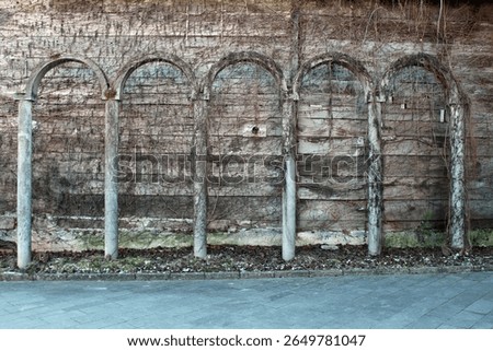 Five stone columns with partial arches stand before a retaining wall covered in bare, dormant vines, creating a blend of classical and natural elements in an urban setting