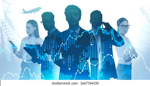 Five successful confident managers working together in abstract city with double exposure of blurry digital chart. Concept of teamwork and stock market. Toned image - Shutterstock ID 1667764150