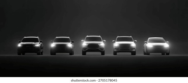 Five SUVs lined up with headlights on, dark background