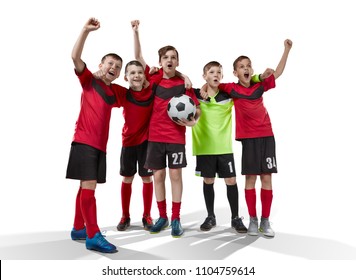 five teenage soccer players celebrating victory isolated on white - Powered by Shutterstock