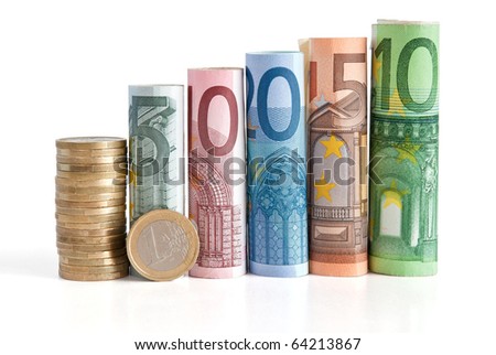 five, ten, twenty fifty and one hundred euro rolled bills, with one euro coin isolated on white background with clipping path