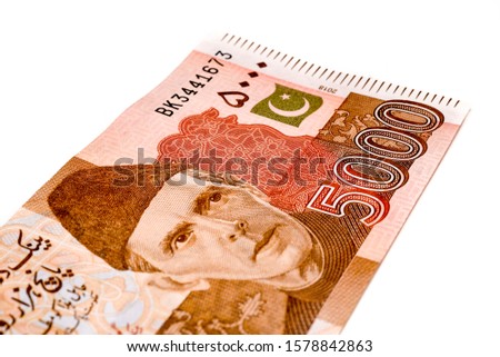 Five thousand Pakistani Rupees close up with white isolated background