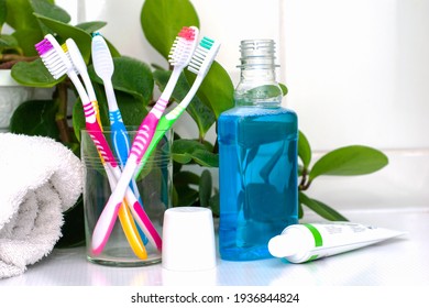 Five Toothbrushes In A Glass Cup Mouthwash A Tube Of Toothpaste And A Rolled Up Towel On The Dressing Table Against A Backdrop Of Green Foliage. High Quality Photo