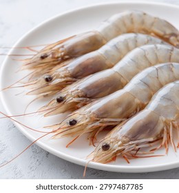 Five uncooked prawns aligned on a white plate, ready to cook