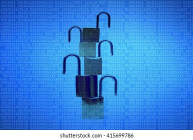 five unlock security locks piling up vertically representing vulnerability and data encryption in computer