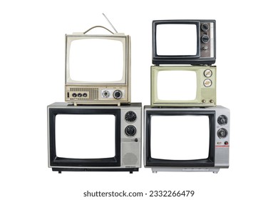 Five vintage televisions with cut out screens isolated. - Shutterstock ID 2332266479
