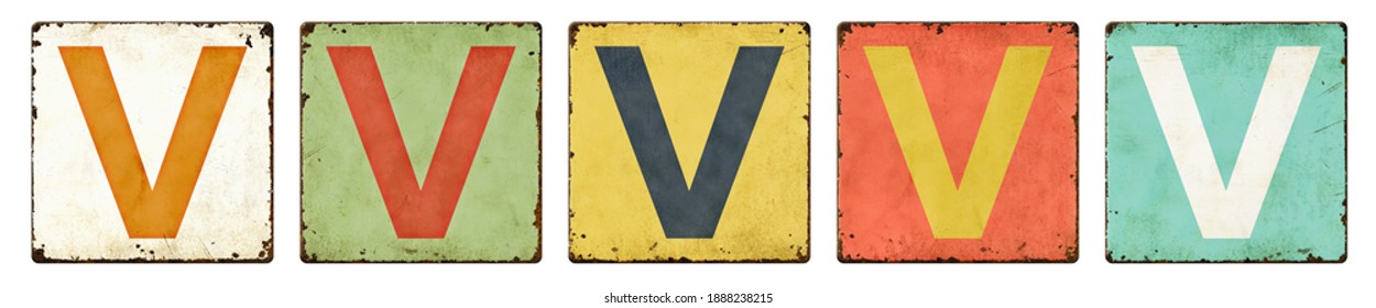 Five Vintage Tin Signs On A White Background - Letter V