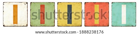 Five vintage tin signs on a white background - Letter I