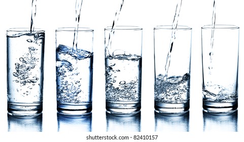 Five Water Glasses Being Filled In Descending Order