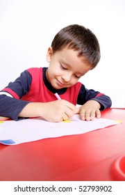 Five Years Old Child Writing, White Background