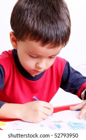 Five Years Old Child Writing, White Background