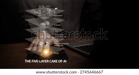 The five-layer cake of AI concept. Hand with smartphone and laptop with layered stack of energy, chip, cloud service, Ai model, and application. Artificial intelligence supply chain and ecosystem