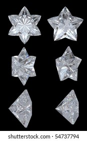 Five-pointed, six-point diamond stars. Extralarge resolution. Top, bottom and side views. Over black, Other gems are in my portfolio.