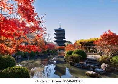 Five-story pagoda and garden with autumn leaves at Toji temple in Kyoto, Japan - Powered by Shutterstock