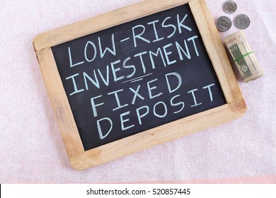 Fixed Deposit, Indicated As A Low-risk Investment Concept Through Text Wrote On A Chalkboard.