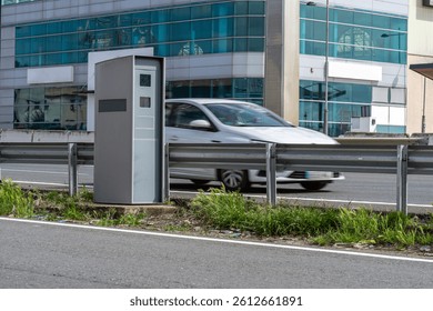 Fixed radar speed camera on highway in Spain.
