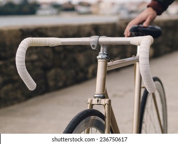 Fixie bicycle detail. Photo shows a close up handlebar.