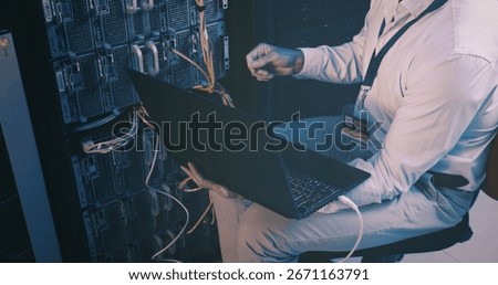 Fixing, cables and hands with laptop, server room and network engineering with tech and electrician. Data center, technician and person with app for software upgrade, troubleshooting and online