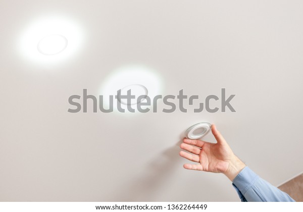 Fixing Ceiling Light Person Repairing Replacing Stock Photo Edit