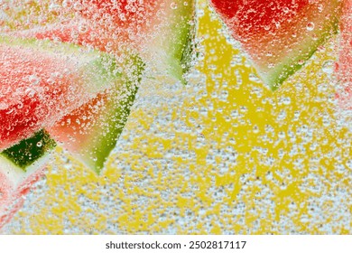 Fizzy bubbles surround watermelon slices, highlighting their juicy, refreshing appeal against vibrant, colorful backdrop. Concept of summer, nutrition, diet, healthy, detox, refreshing.