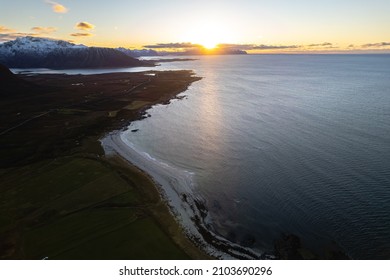 Fjord Norway Landscape. Mountains And Fjord In Norway. Drone View