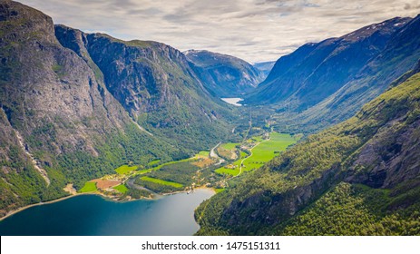 The Fjord. Waterfall. Norway. Aerial View