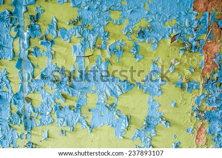flacking paint on wall in one of the buildings of Chernobyl-2 military complex (next to Duga-3 radar system) in Chernobyl Nuclear Power Plant Zone of Alienation, Ukraine