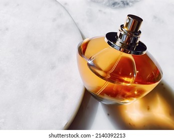 Flacon Of Perfume, Luxury Fragrance, Glass Bottle On Marble Stone Background, Beauty Product Concept