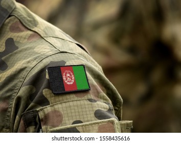 Flag Of Afghanistan On Military Uniform. Army, Troops, Soldiers. Collage.